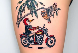 Woody the woodpecker wearing a leather vest that says peckerwoods, on a Harley Davidson under a willow tree, gazing in love at a barn owl tattoo idea