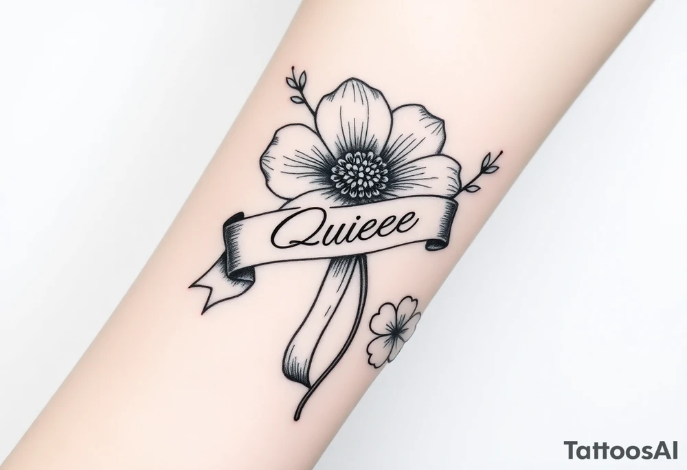A beautiful flower with a card queen sign and a ribbon tied around the flower with queenie written on it joined by a texas star and a four leaf clover tattoo idea