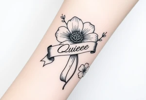 A beautiful flower with a card queen sign and a ribbon tied around the flower with queenie written on it joined by a texas star and a four leaf clover tattoo idea