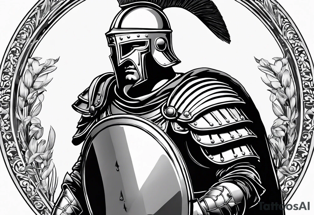 a black and white illustration of a roman soldier from AD 60, wearing armor which must include an armoured belt, breastplate, armoured shoes, shield, helmet and sword.
the soldier must look strong. the soldier is faceless. The image must include the full person - from head to toes tattoo idea