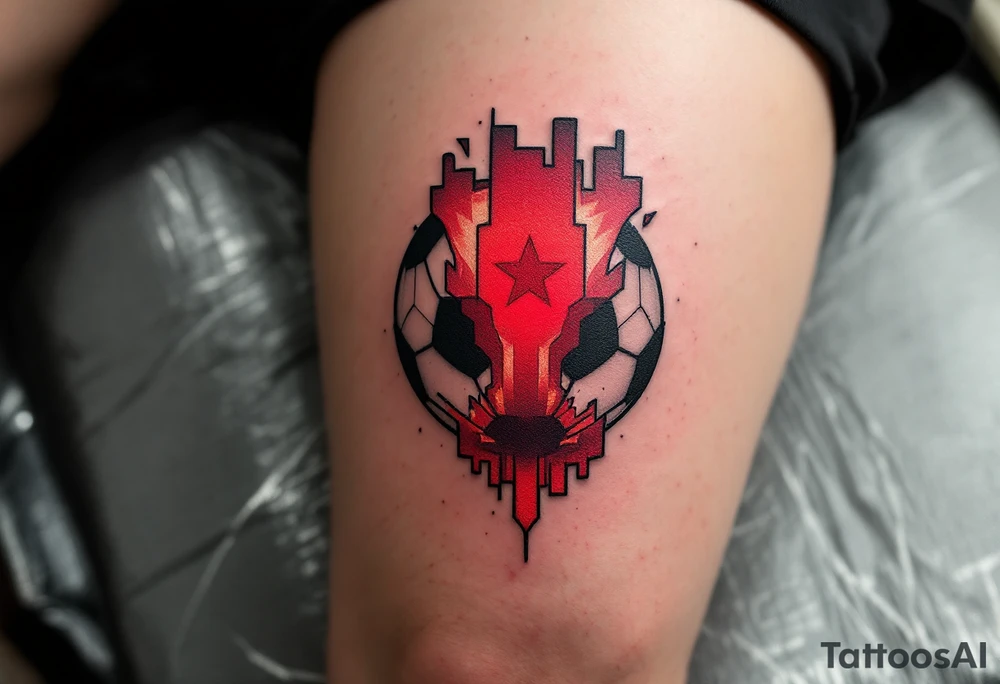 A modern soccer ball design with a minimalist red panel showing the club star. tattoo idea