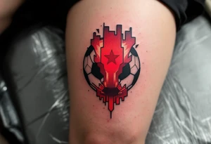 A modern soccer ball design with a minimalist red panel showing the club star. tattoo idea