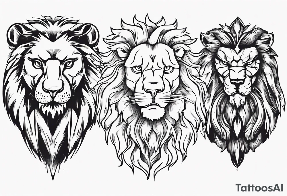 A lion looking forward, with a stern expression. Behind and to the left of the lion, is a wolf looking slightly to the left, with a stern expression. Behind and to the right of the lion, is an owl looking slightly to the right, with a stern expression. tattoo idea