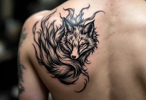 feminine fox of nine tails, the tails are flowy and end looking like flames. The tails wrap around the shoulder body curves and head ending below the armpit tattoo idea