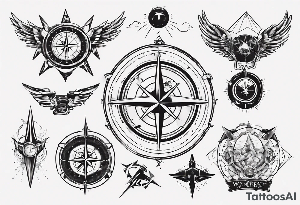 wonderlust with compass and skydiving and guns tattoo idea