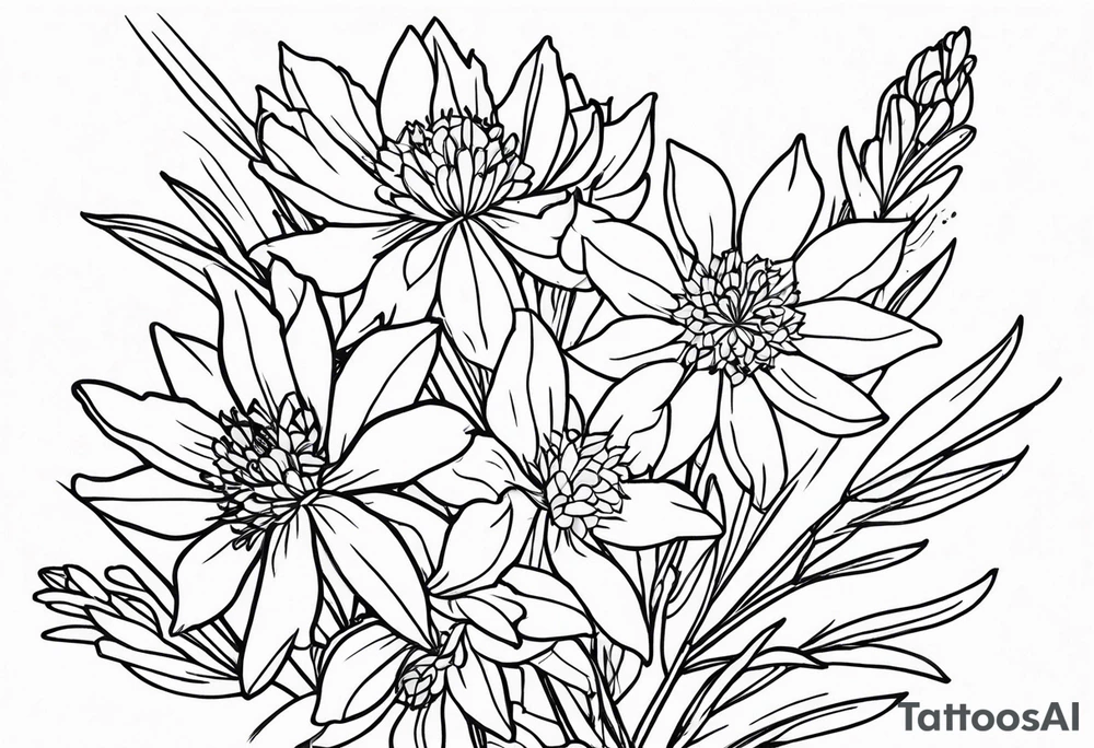Larkspur and aster bouquet tattoo idea