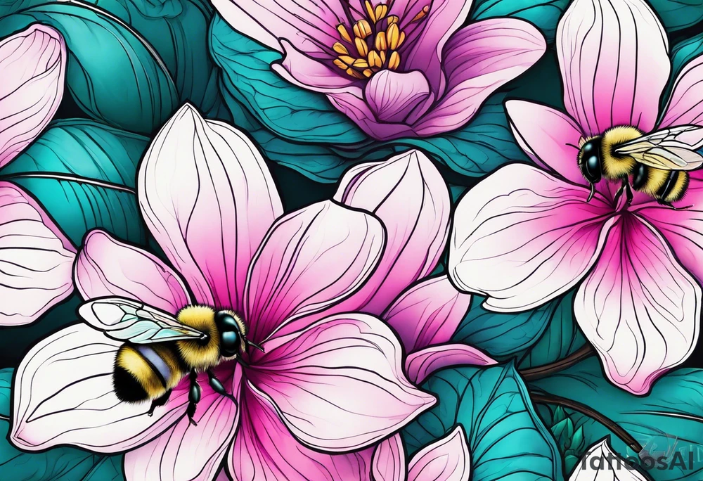 A beautiful detailed pink, purple, and teal Hawaiian jasmine flower with 2 tiny adorable baby bumblebees landing on the petals tattoo idea