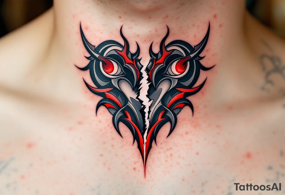 A heart being torn apart colored in deep red and grey, symbolizing heartbreak and struggle. tattoo idea