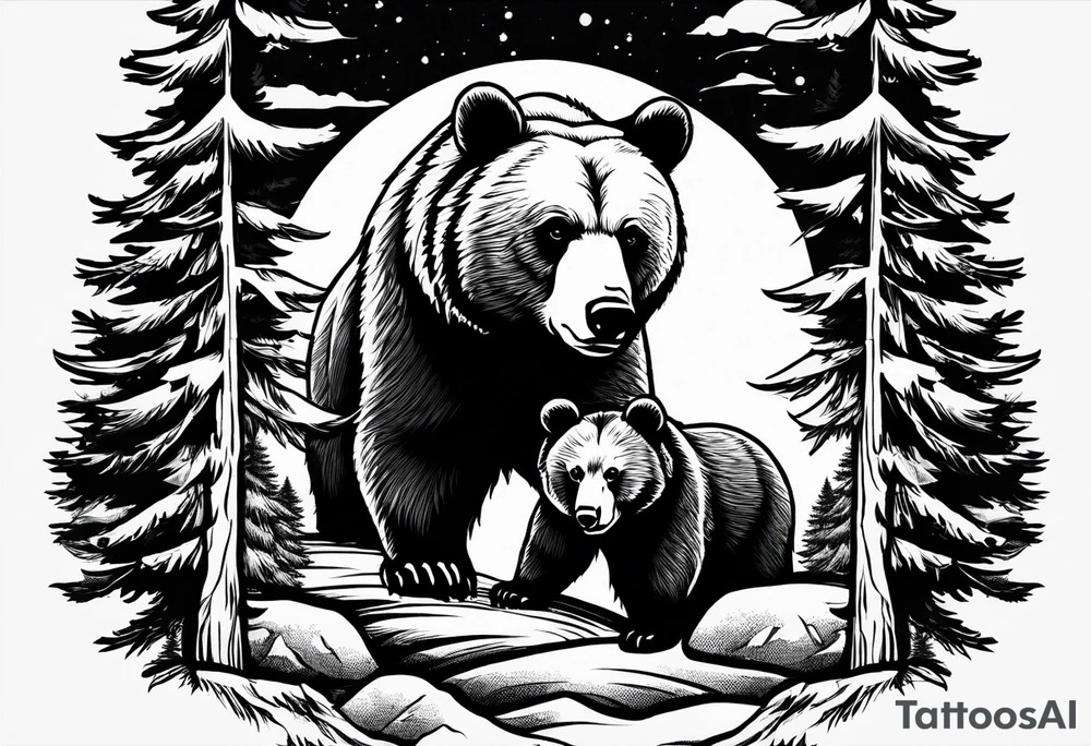 Draw a tattoo. The tattoo shows a mother bear holding two bear cubs in her arms. A small bear cub and a larger bear cub. The bears are surrounded by fir trees and rocks. tattoo idea