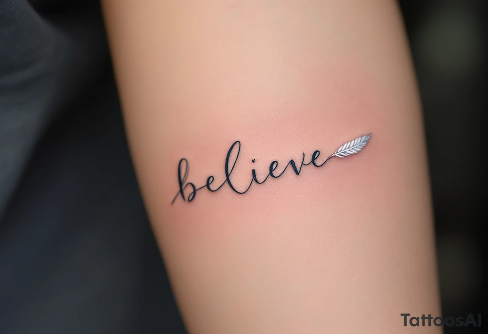 A delicate "Believe" in silver, intertwined with tiny feathers in soft white, symbolizing freedom and trust in the journey. tattoo idea