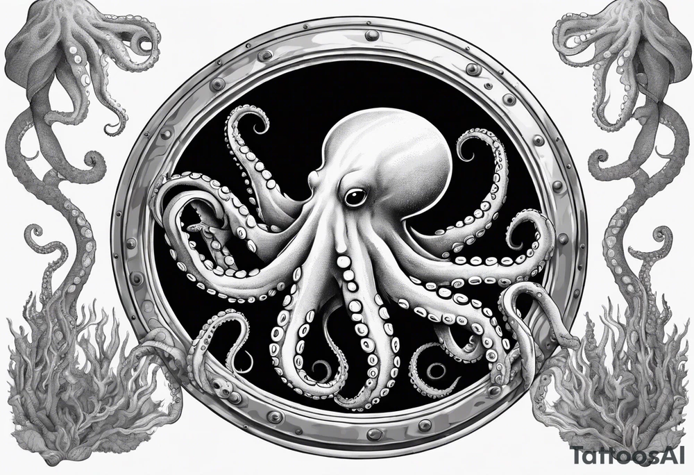 An octopus climbing out of a porthole. Fan shaped coral near the bottom of the porthole. Two arms of the octopus protrude from the porthole. tattoo idea