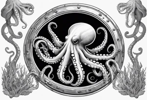 An octopus climbing out of a porthole. Fan shaped coral near the bottom of the porthole. Two arms of the octopus protrude from the porthole. tattoo idea