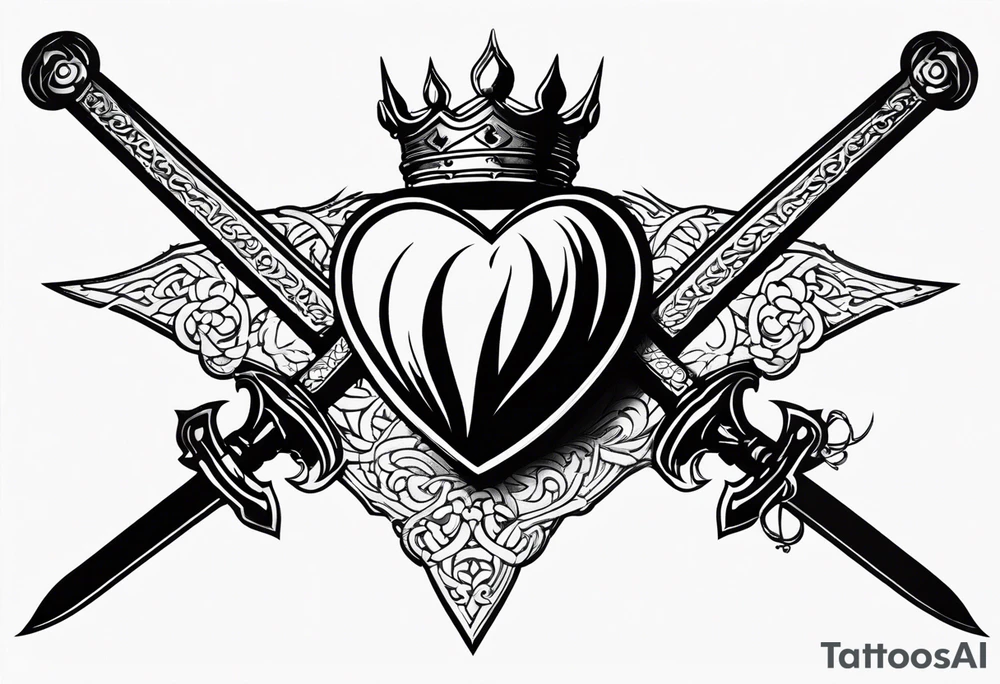 A simple design of a crown of thorns resting on the guard of a sword that is piercing a heart tattoo idea