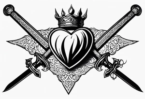A simple design of a crown of thorns resting on the guard of a sword that is piercing a heart tattoo idea