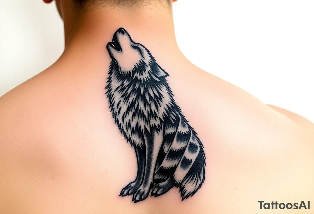 lone wolf howling at full moon with northern lights backdrop tattoo idea