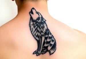 lone wolf howling at full moon with northern lights backdrop tattoo idea