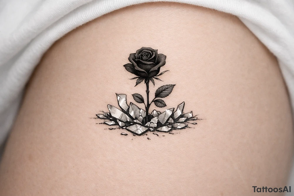 A single dark rose emerging from a field of mirror fragments. tattoo idea