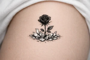 A single dark rose emerging from a field of mirror fragments. tattoo idea