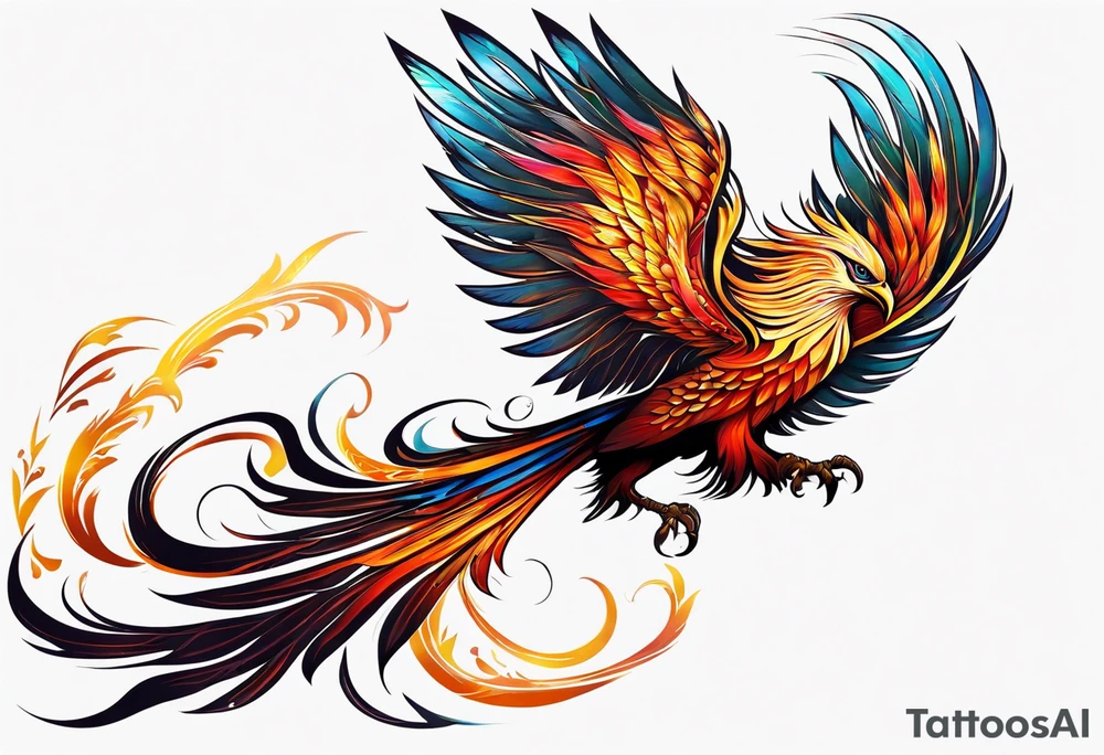 russian firebird phoenix in-flight with very long fancy tail tattoo idea