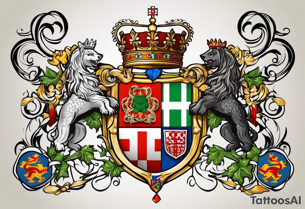 Merge the heraldic elements of england, northern ireland, ireland, scotland, wales, germany, croatia, serbia, slovakia, slovenia, and czech republic intertwined in a harmonious and elegant manner. The design should be symmetrical and suitable for a shoulder placement. tattoo idea