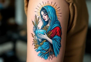 Mokosh – A richly detailed woman in Slavic robes of blue and red, holding wheat and water, framed by earthy brown tree roots and golden rays. tattoo idea