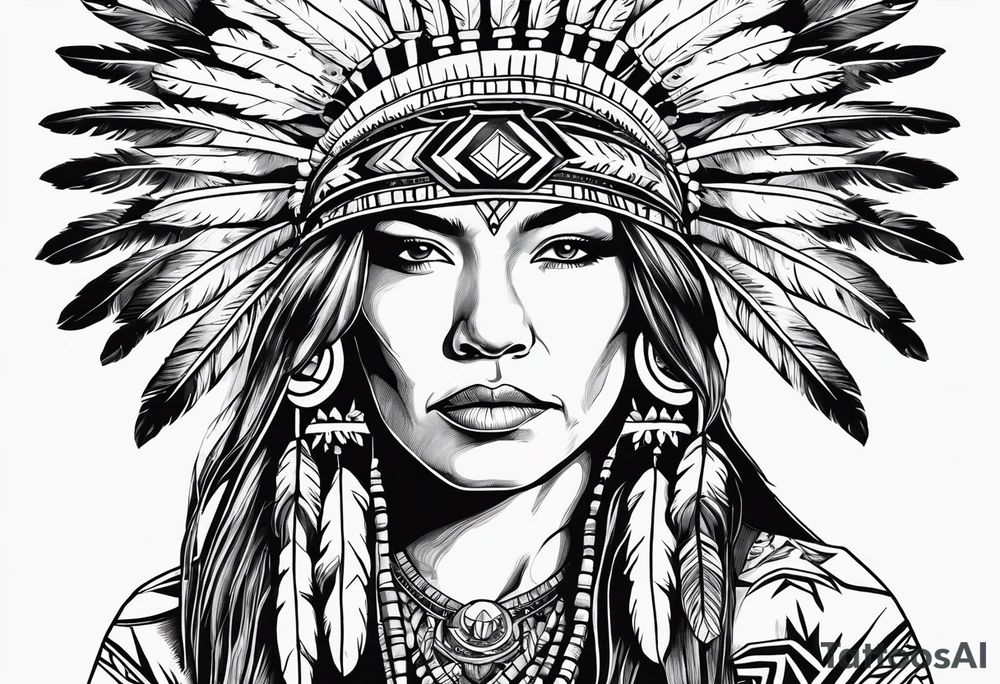 War bonnet Native American, cross nacklace with plants and nature behind her, half sleeve tattoo idea