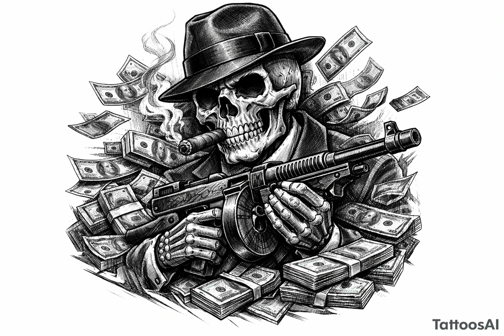 skull with cigar in his mouth,mafia-hat,machine-gun in his hands,surrounded by money. tattoo idea
