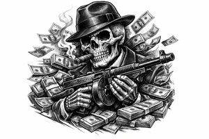 skull with cigar in his mouth,mafia-hat,machine-gun in his hands,surrounded by money. tattoo idea