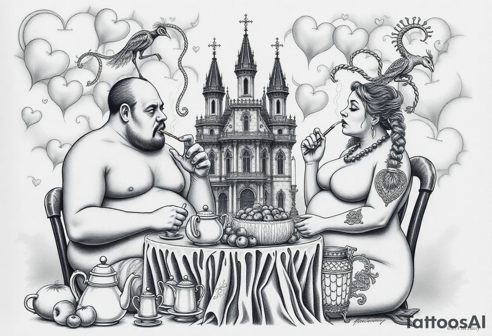 Naked Man and fat woman having sex eating cupcakes and  fruit  having sexy naked fat lady having a tea party with tea pots  with medieval castle  
with mystical  aries a pigs, peacock,  lion, goat, noose and smoking cigerettes looking in the mirror thru storm clouds and broken hearts and darkness and wrath, envy , gluttony, greed, sloth, pride . Gothic tattoo idea