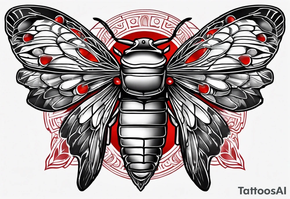 cicada on top of red greek design tattoo idea