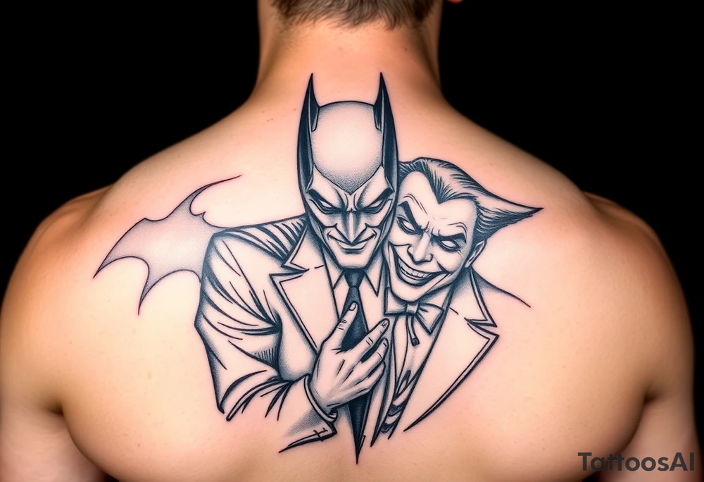 Batman and joker in Gotham with bat signal top center tattoo idea