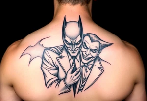 Batman and joker in Gotham with bat signal top center tattoo idea