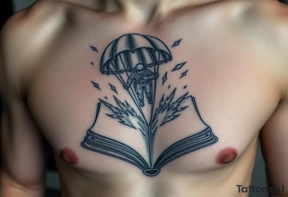 A parachuting soldier landing into an open book. Chaos surrounding, but the book is protecting the soldier from it. On the chest. Make the tattoo smaller. Make it thought provoking. Make the chaos in the environment be a thunderstorm. Make the pages in the book be blank and the book be decorated tattoo idea
