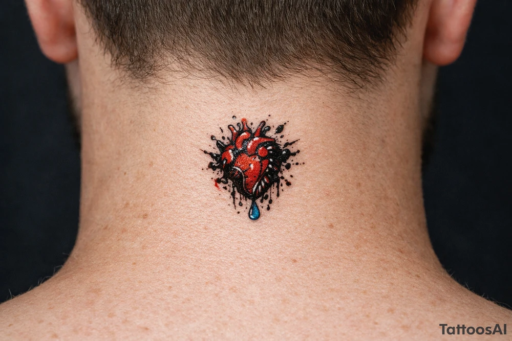 Anatomical heart dissolving into ink splatters with a single tear drop. tattoo idea