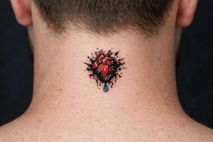 Anatomical heart dissolving into ink splatters with a single tear drop. tattoo idea