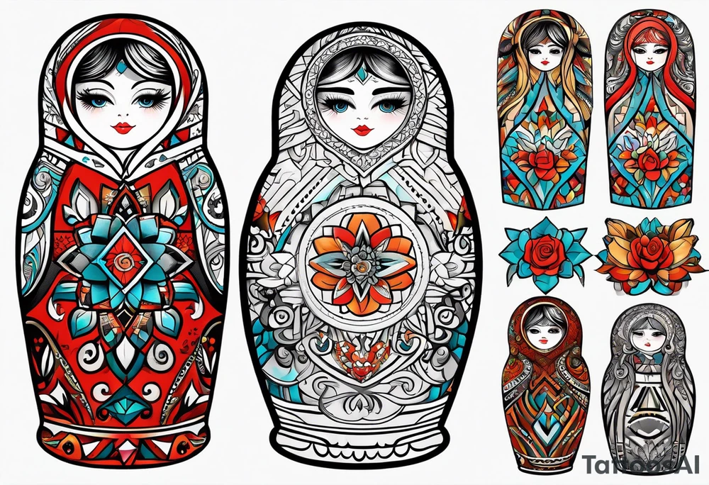 Russian doll with geometric design, surrounded by tapestry tattoo idea