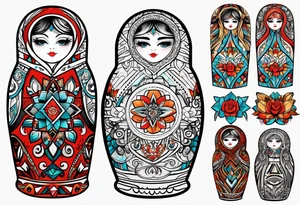 Russian doll with geometric design, surrounded by tapestry tattoo idea