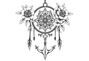 Boho dream catcher with compass and anchor Beautiful flowers and an ornamental chandelier like look tattoo idea