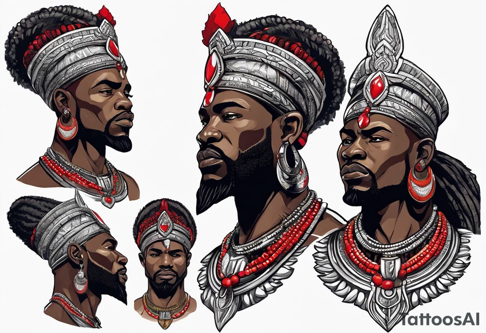african god of war,  wearing a small silver crown and wearing a red necklace tattoo idea