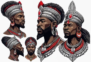 african god of war,  wearing a small silver crown and wearing a red necklace tattoo idea