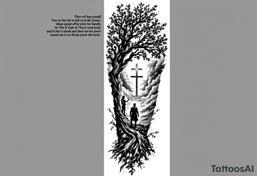 A highly detailed black and grey realism tattoo sleeve design that tells a story of faith, family, and perseverance. A large, deeply rooted tree with strong branches represents family and growth. Within the bark of the tree, hidden images of hands clasped together and a father guiding a child can be seen. A distant cross glows subtly through a stormy sky, symbolizing divine guidance. A warrior stands at the base of the tree, looking toward the cross, representing endurance through hardship. The design blends realism and abstract elements, with deep shadows at the base fading into light near the shoulder. tattoo idea