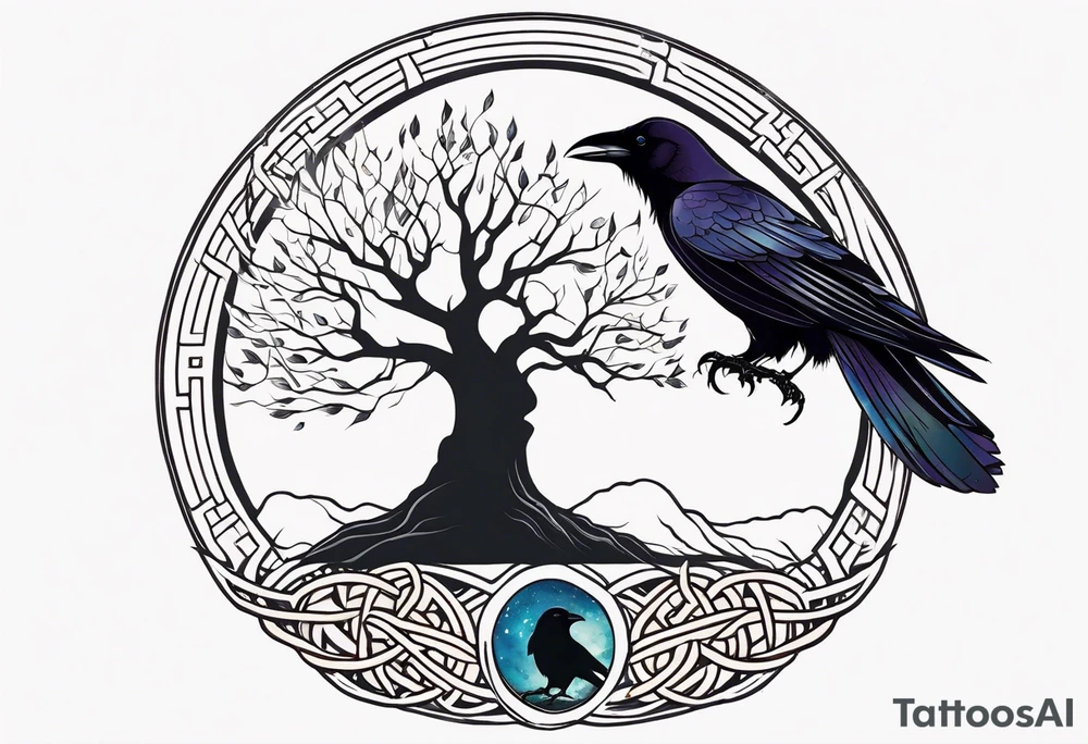 world tree with a raven and knotwork sleeve tattoo tattoo idea