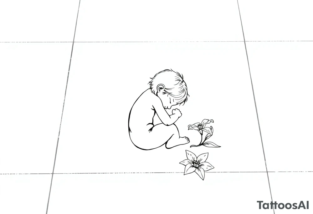 A simple tile floor with a minimalist outline of a curled up child sitting on the floor with a lily next to her tattoo idea