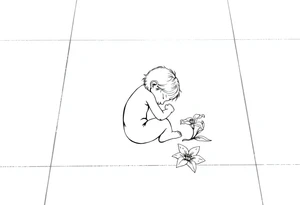 A simple tile floor with a minimalist outline of a curled up child sitting on the floor with a lily next to her tattoo idea