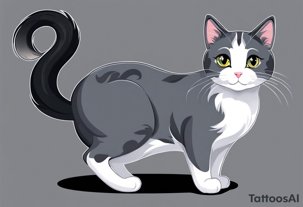 Grey and white cat. She has mostly grey body, smaller white patches on her belly, all four paws are white, but her legs are grey.  she has a tiny little white moustache. White whiskers. She is on the larger side for a cat. I want the tattoo to reflect her sweet personality. She loved sunshine and flowers. She is recently passed away and I would like a memorial tattoo of my sweet baby cat. I want a black and white simple sketch. Her face is completely grey except a tiny white moustache below her nose. tattoo idea