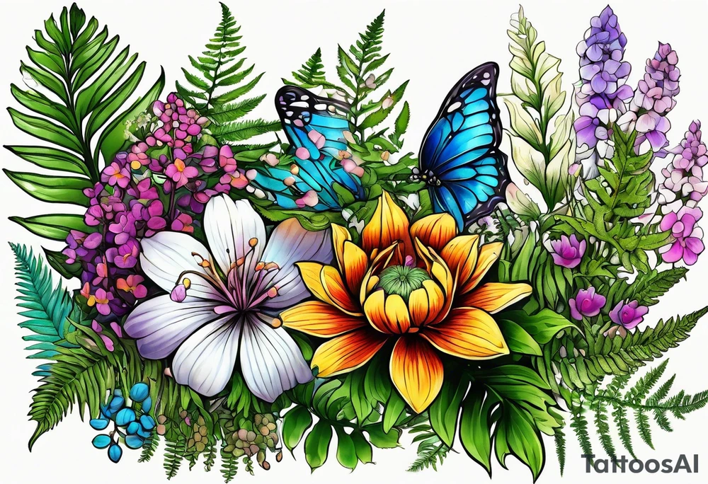 saturated mixed wildflower with ferns and with color tattoo idea