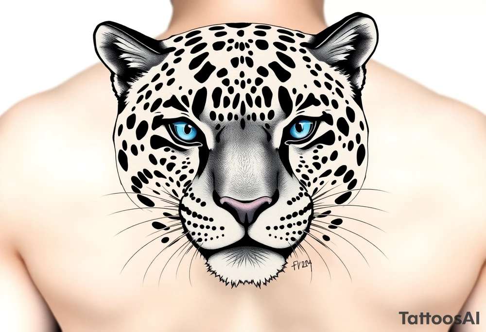 The jaguar should look strong, elegant, and slightly mysterious.

I want it to have striking, deep blue eyes – that’s an important feature.

Style: I’m open to realism or slightly stylized, but it should still look powerful and beautiful.

The expression should show confidence or calm focus – not aggressive, but alert and intelligent.

Background: Can be minimal or with subtle nature elements (like mist, forest shadows, or moonlight) – nothing too busy.

I’d like the overall composition to feel balanced and meaningful, something that represents inner strength and independence. I want it to look more realistic tattoo idea