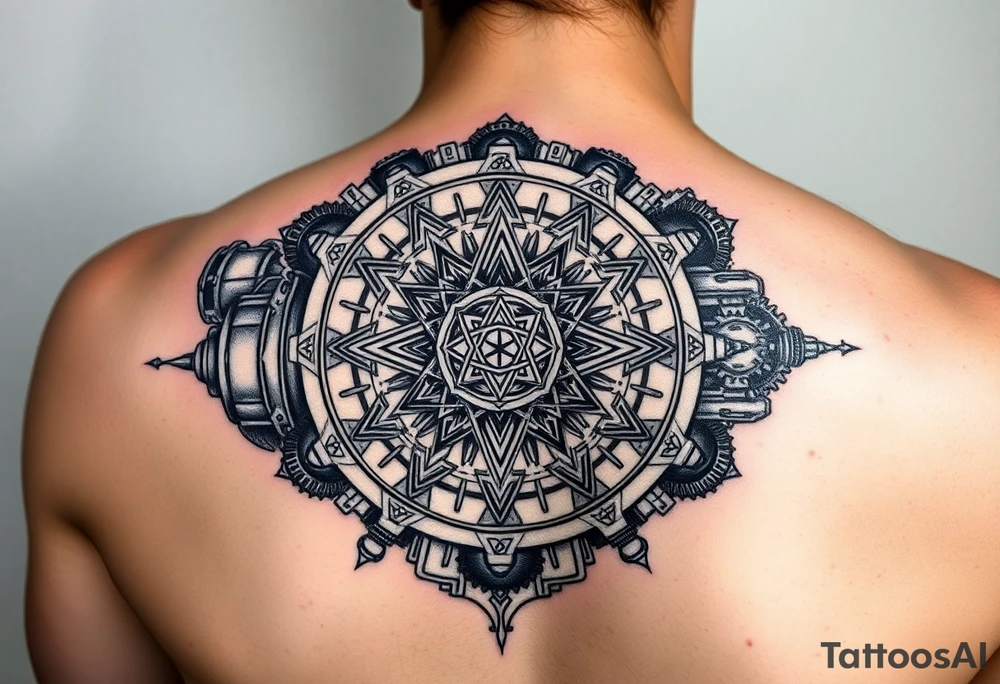 Geometric mechanical engine actively running, pistons pumping with flame/fuel, center chamber shows coal being compressed into diamond under pressure, alchemical symbols etched into the gears, steam and energy radiating outward, industrial sacred geometry, black and grey with hints of fire/orange, dynamic motion lines, upper arm tattoo, biomechanical meets sacred geometry style tattoo idea