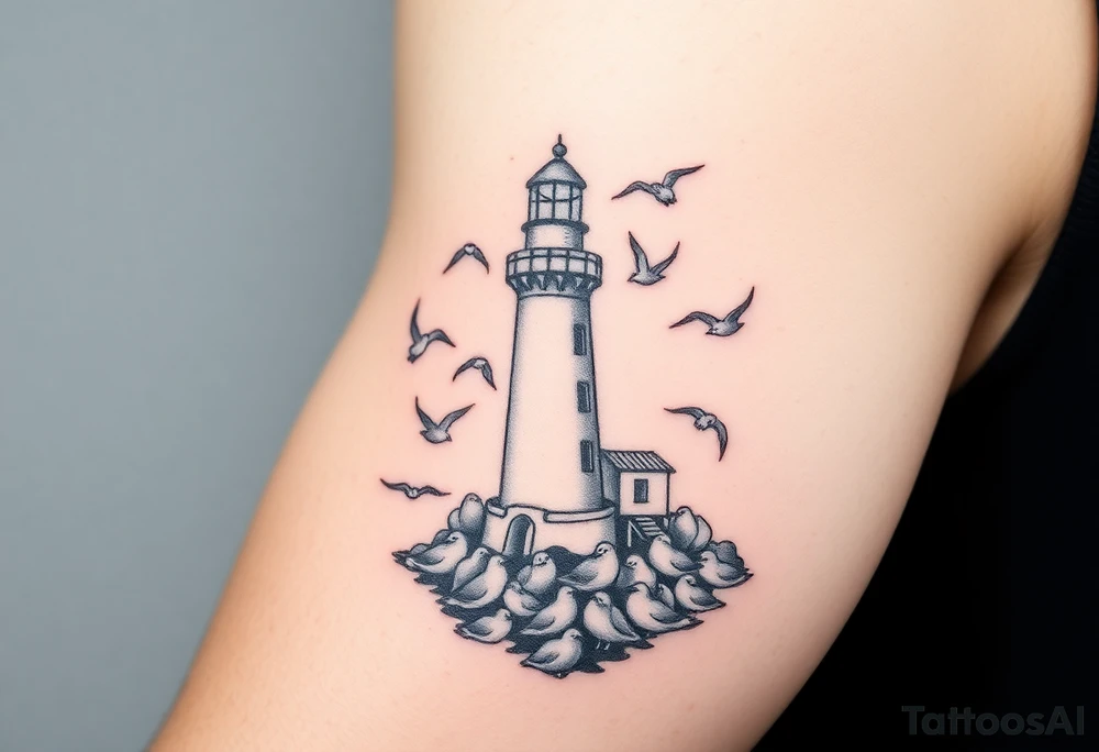 Baltic Sea tattoo with lighthouse surrounded by seagulls tattoo idea