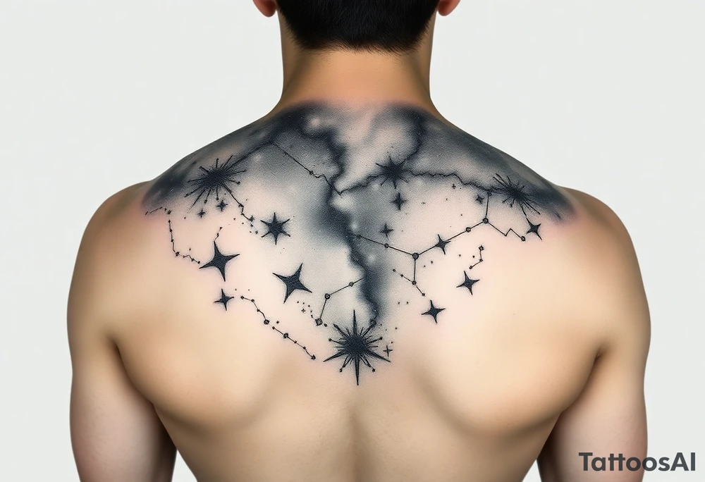 full milky way that covers the upper middle back and is geometric that also uses negative spaces to create a nebula tattoo idea